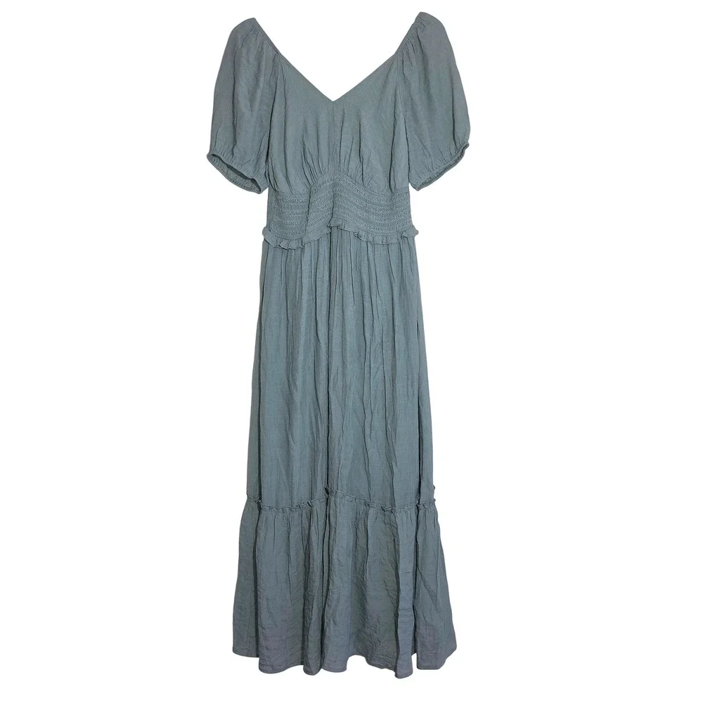 Ryan Michelle Midi Dress Womens Size Medium Sage Green Smocked Tiered EUC - Picture 2 of 8